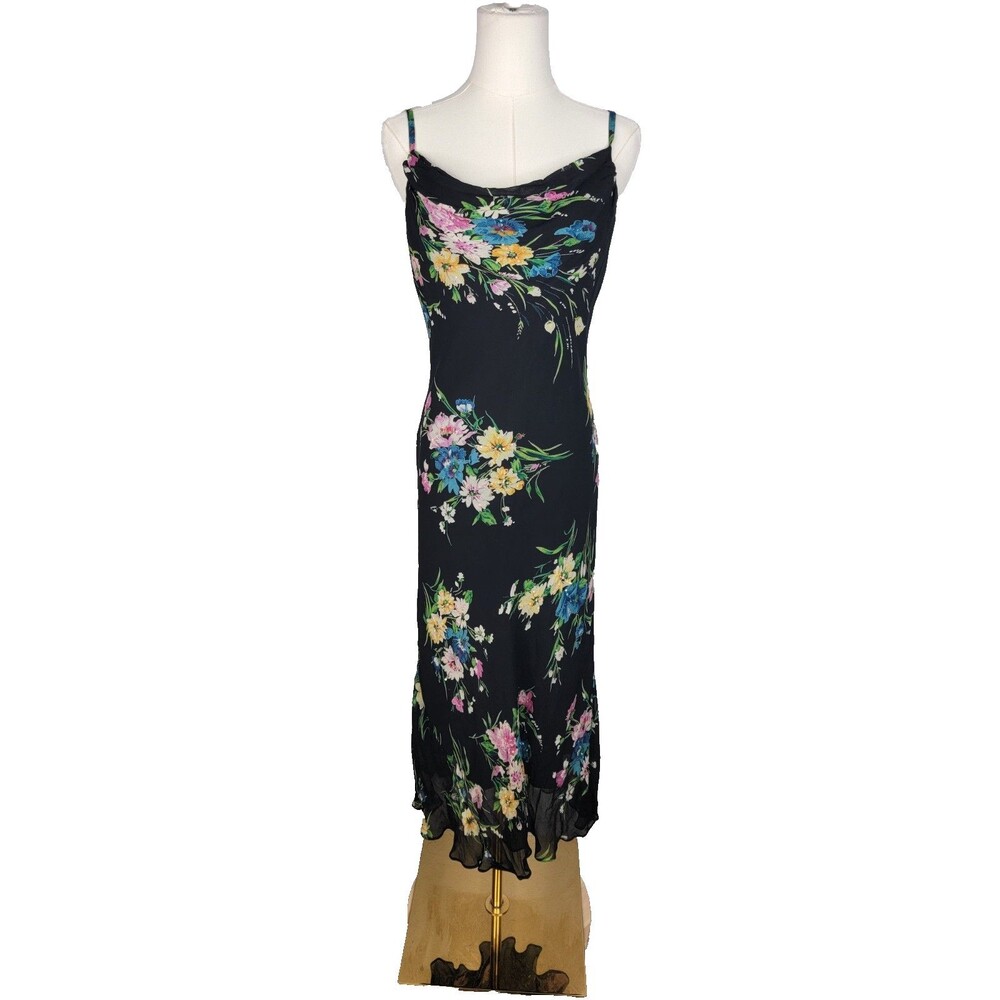 90s Black Floral Slip Dress M Y2K Bias Cut Cowl Fairy Whimsigoth Beaded
